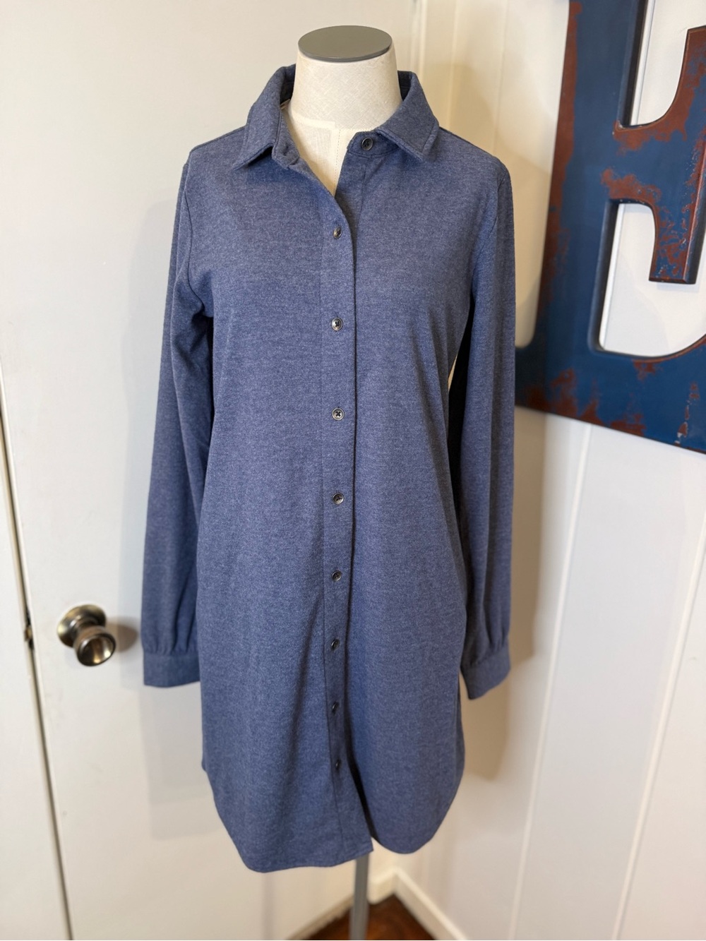 Flag & Anthem Heathered Navy Button-Front Shirt dress With Pockets Sz S NWT
